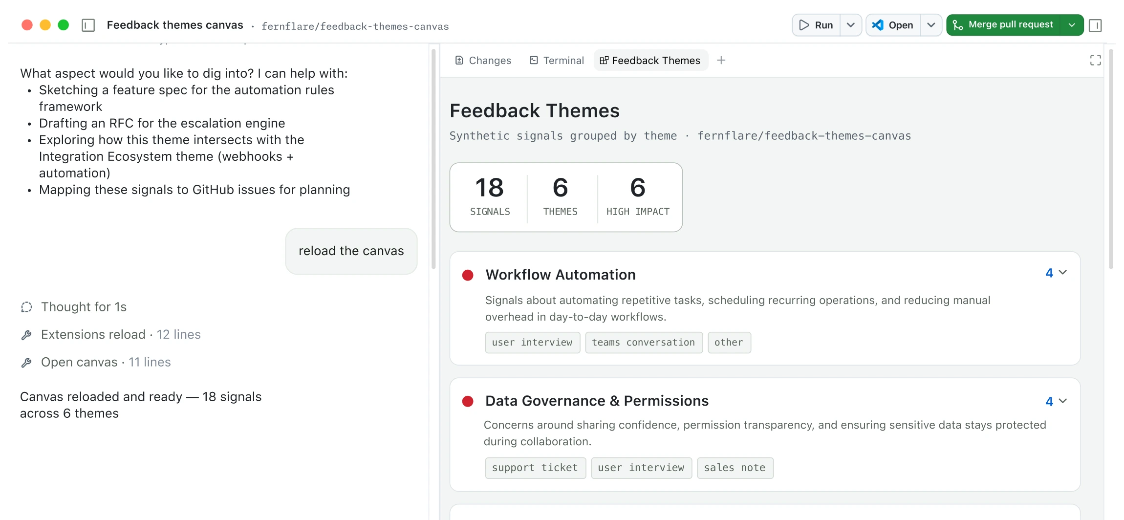 Screenshot of the GitHub Copilot App, showing its chat panel beside a canvas rendered from the user's project.